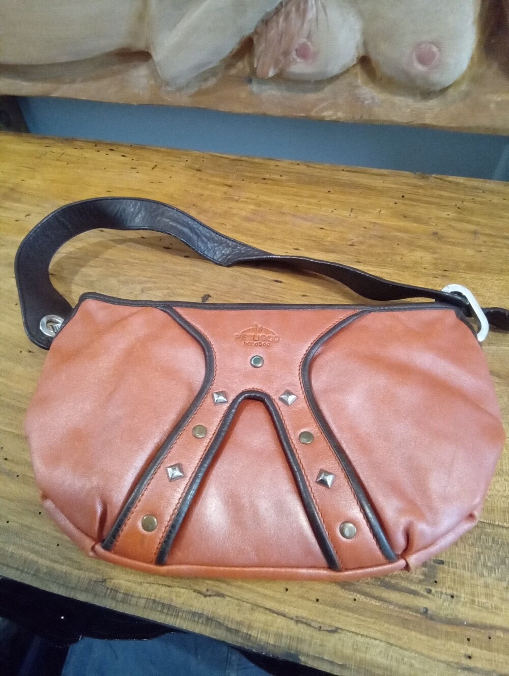 Petusco VintageTerracotta Orange Tone Leather Shoulder Bag Brown Trim & Studs
